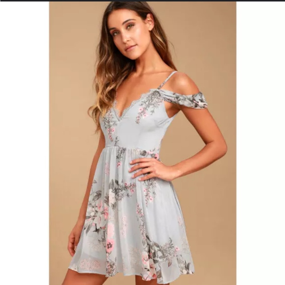 Lulus Blue-Grey Off-Shoulder Dress